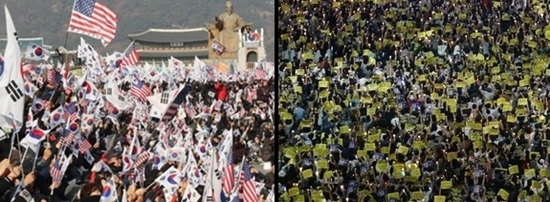 한국사회가 지난해 광화문 집회(왼쪽)와 서초동 집회(오른쪽)로 나뉘어 심각한 진영논리에 빠졌다.